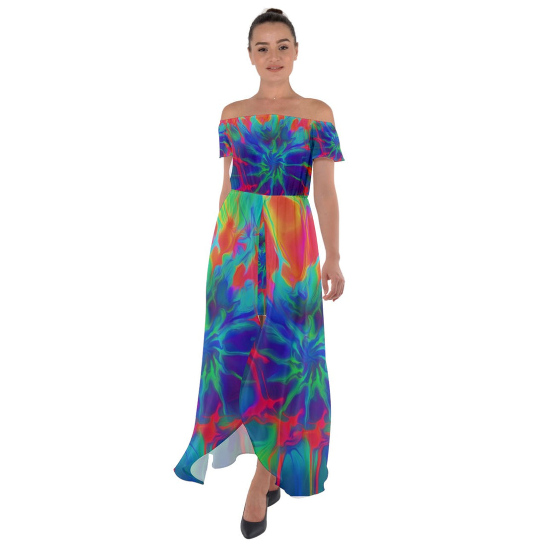 Neurotransmitters Activation Off Shoulder Open Front Chiffon Dress
