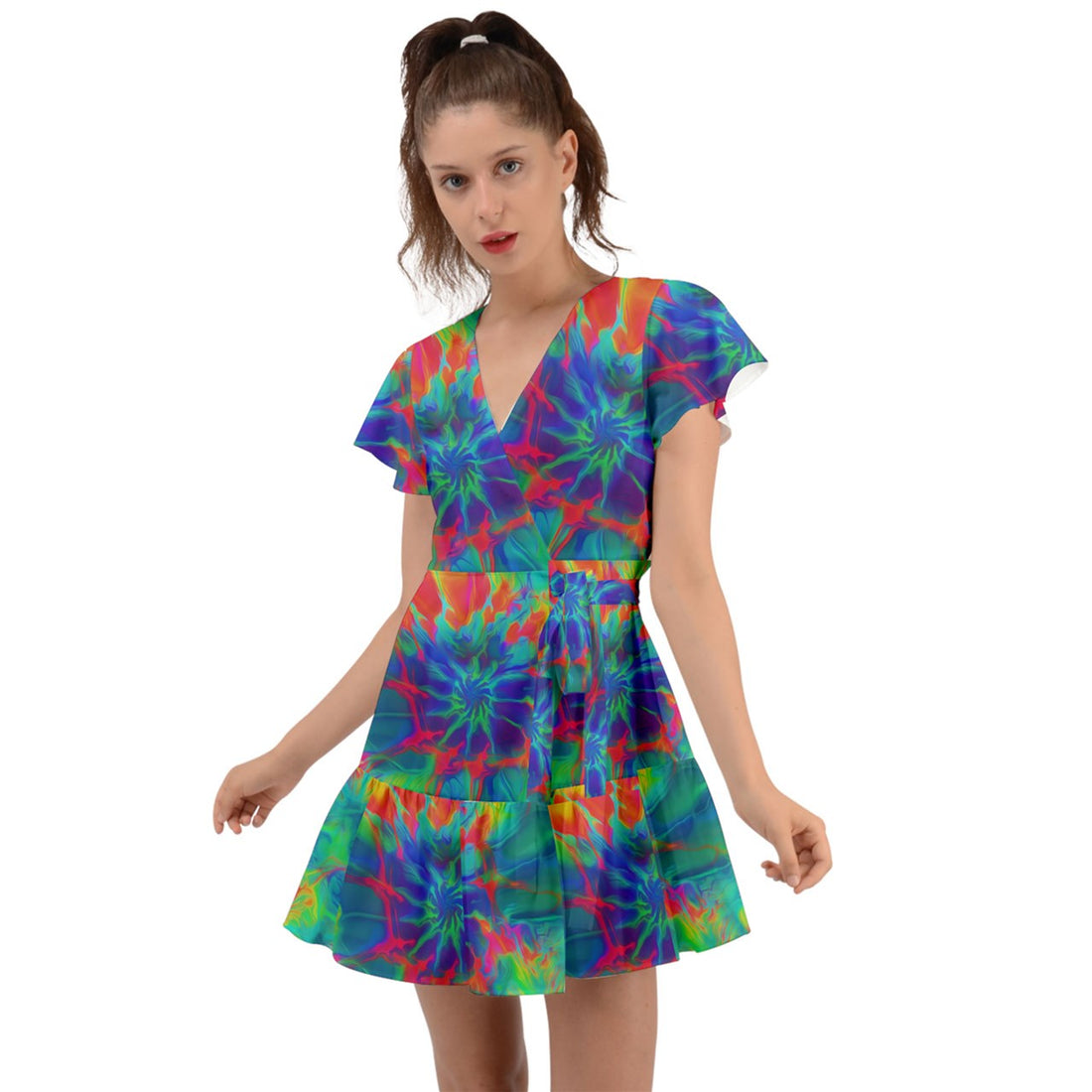 Neurotransmitters Activation Flutter Sleeve Wrap Dress