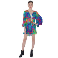 Neurotransmitters Activation V-Neck Flare Sleeve Mini Dress